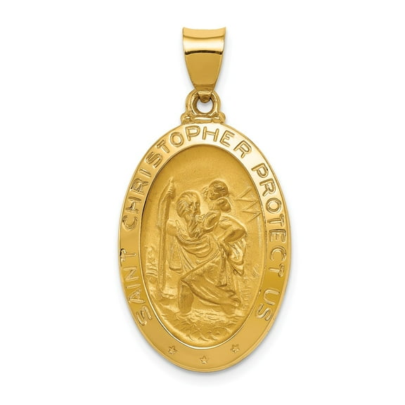 Real 14kt Yellow Gold Polished and Satin St Christopher Medal Hollow Pendant; for Adults and Teens; for Women and Men