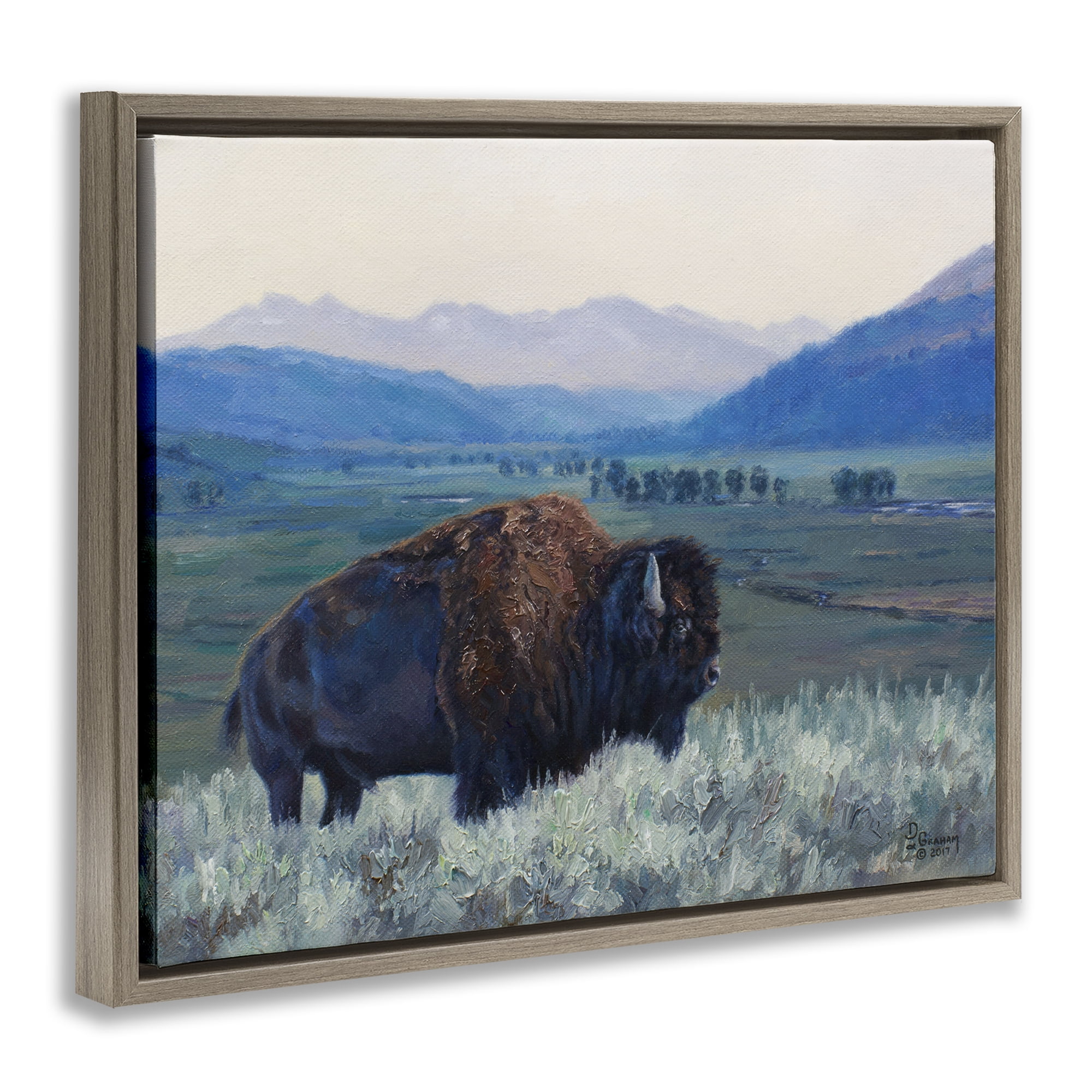 Stupell Industries Bison & Country Mountains Animals & Insects Painting Brown Floater Framed Canvas Art Print Wall Art, 31 x 25