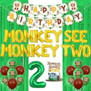 2nd Birthday Decorations for Boys, Monkey See Monkey Two Foil Balloons and Cake Topper Happy Birthday Banner Foil Fringe for Woodland Jungle Animals Theme Party Supplies