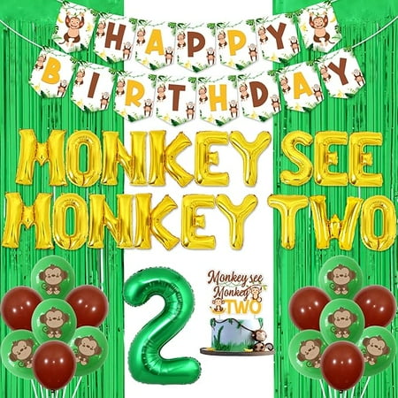 2nd Birthday Decorations for Boys, Monkey See Monkey Two Foil Balloons and Cake Topper Happy Birthday Banner Foil Fringe for Woodland Jungle Animals Theme Party Supplies