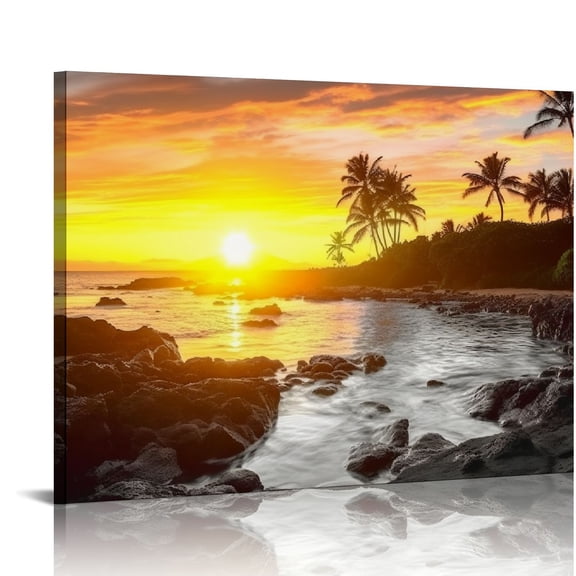 ONETECH Large Size Hawaii Sunset Wall Art Canvas Prints Tropical Beach with Palm Tree Picture Maui Landscape Painting Artwork for Home Living Room Ready to Hang