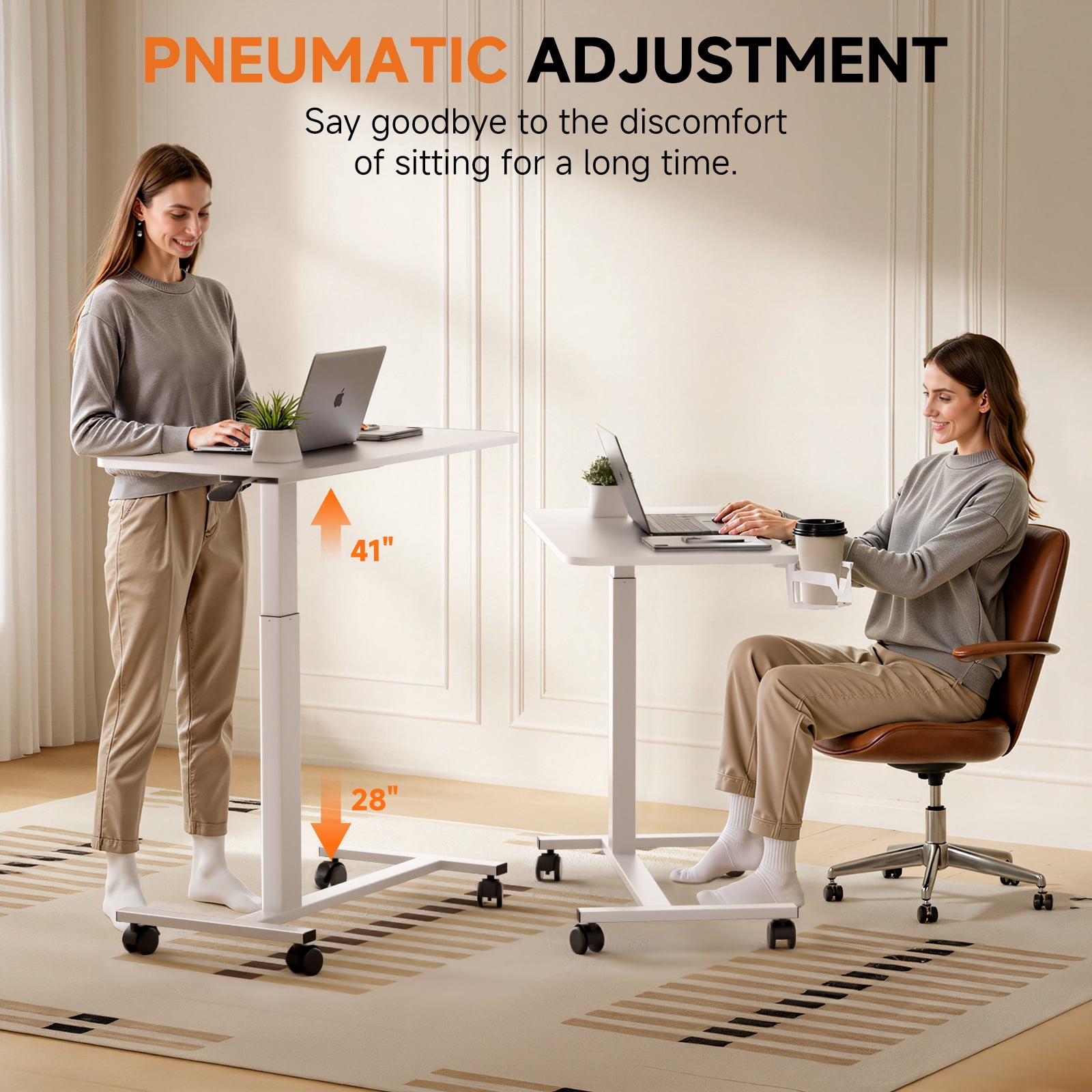 EXRACING Pneumatic Standing Overbed Desk with Lockable Wheels, Height Adjustable Rolling Laptop Table for Home & Hospital, Black