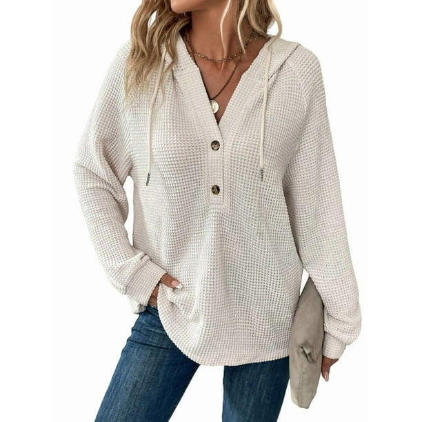 Sudadera con Capucha de Larga de Punto Gofre para Mujer, con Cordón, Botones, Cuello en V, Informal, con Capucha. L