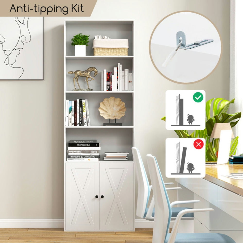 Demi Bonn 71" Freestanding Bookcase with 6 Shelves and 2-Door Cabinet, White