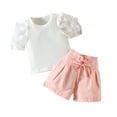 thumbnail image 2 of WOLLED 2PCS Toddler Baby Girls Summer Shorts Outfit Puff Sleeve T-Shirt Tops and Solid Color Tie-Up Shorts Clothes Set for 1-6 Years Old, 2 of 11