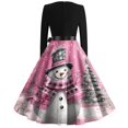 thumbnail image 4 of Christmas Dresses for Women Women's Christmas Printed Round Neck Big Hem Skirt Pleated Skirt Long Sleeved Dress with Snowman Print for Holiday Party,Pink,5XL, 4 of 5