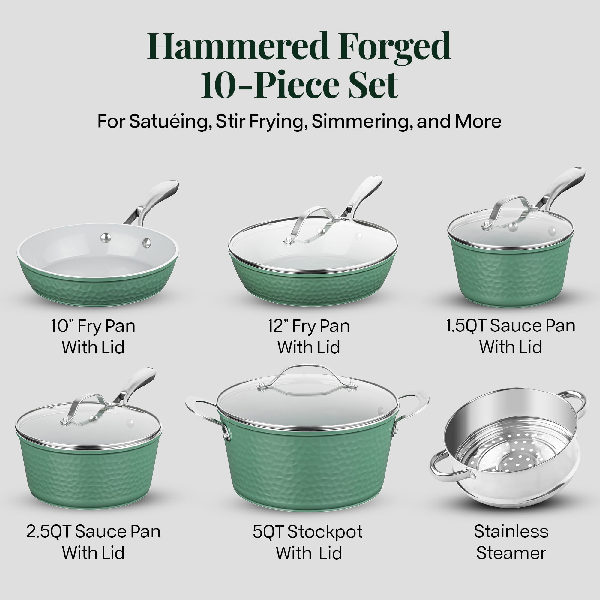 Gotham Steel 10 Pc Hammered Pots and Pans Set Non Stick, Easy Clean Kitchen Ceramic Cookware Set Nonstick, Long Lasting Pot and Pan Set with Skillet, Oven Safe, No Forever Chemicals, Sage Green