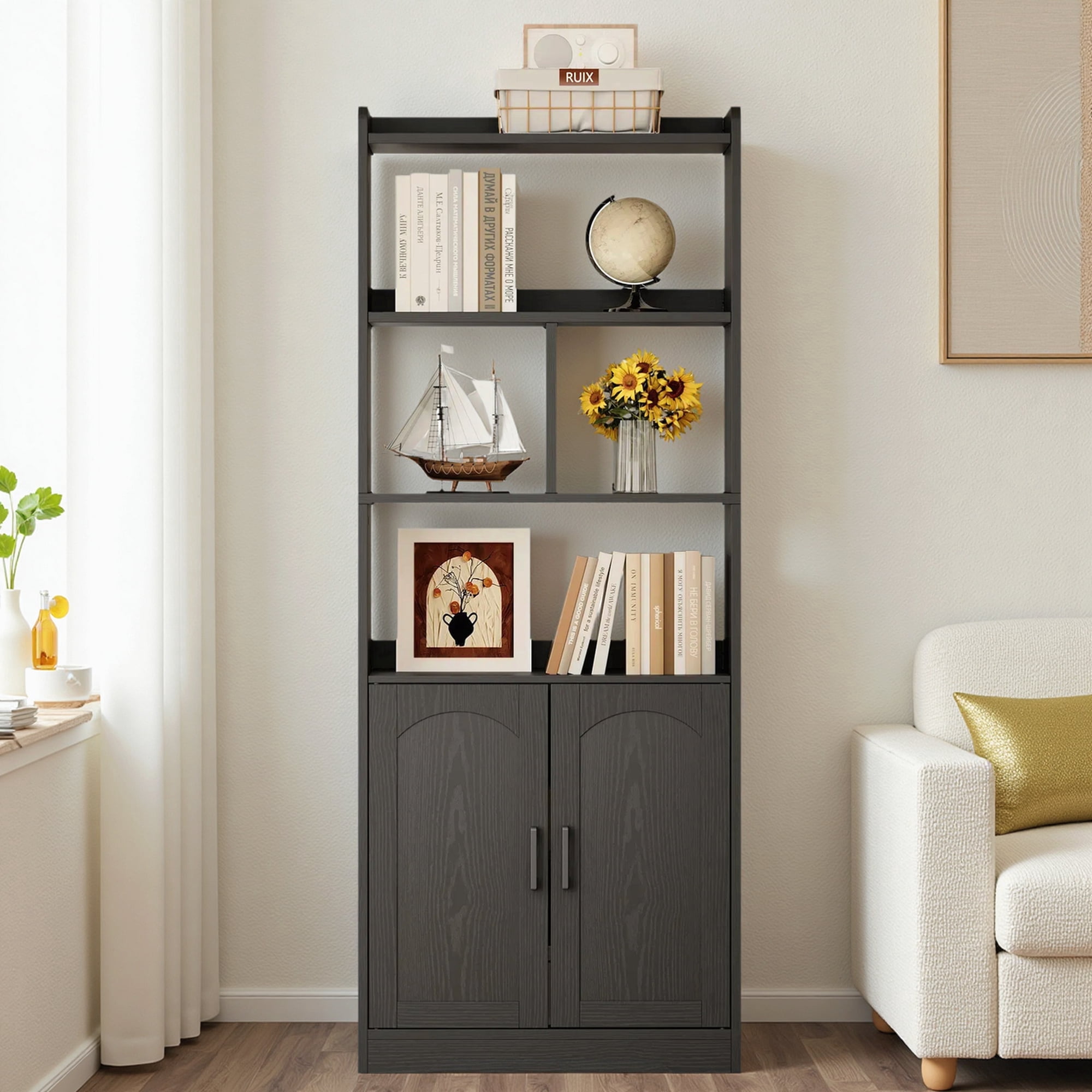 LIKIMIO Freestanding 63" Tall Bookcase, Wood Display Storage Cabinet with Closed Doors & Open Shelves for Living Room, Home Office & Bedroom, Black