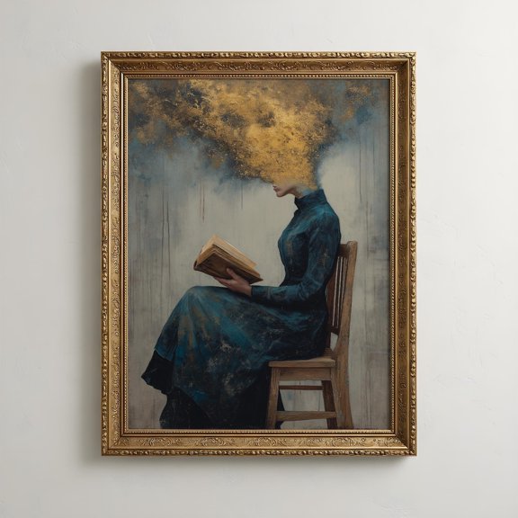 Surreal Book Lover Wall Art Print, Woman Reading Gold Cloud Portrait Decor