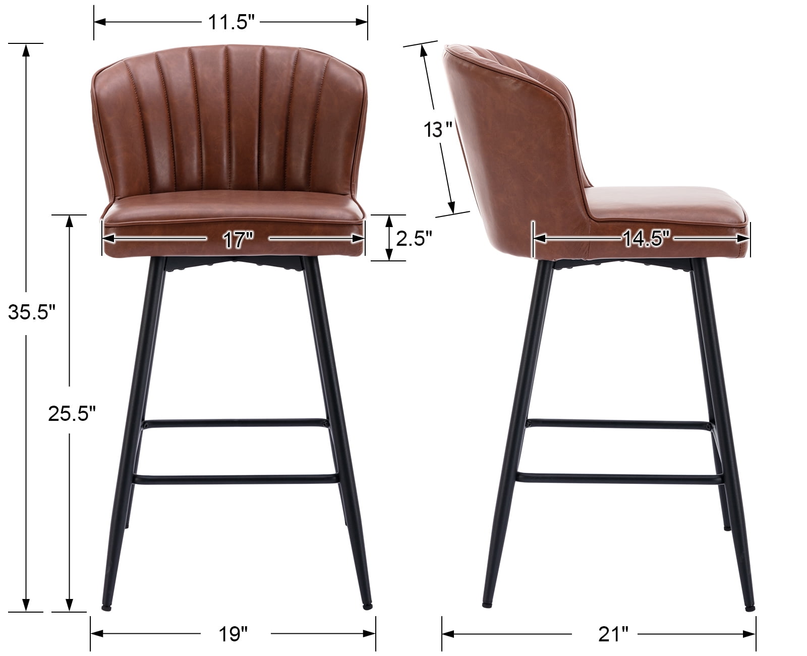 Guyou 26” Counter Height Bar Stools Set of 2, Modern PU Upholstered Kitchen Island Chairs, Barstools with Back and Footrest for Kitchen Island Pub Restaurant, Brown