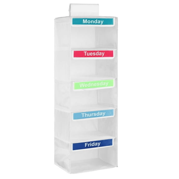 5 Tier Weekly Clothes Organizer for Kids Shelf Hanging Closet Organizer Closet Hanging Shelf with 6 Sturdy Hooks for Storage, Foldable for Hats T-Shirts Bags Towels