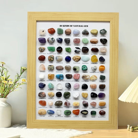 Dserhfy 80 Natural Gemstones Collection Crystal Ore Exhibit Set Collectible Gems in Wooden Frame Educational Gift for Kids Gem Lovers