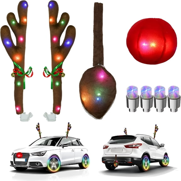 BESTSKY Christmas Reindeer Antlers Car Kit with Color Led Light Red Nose Tail Bells for Any Cars Christmas Decor Christmas Lights for Car Exterior