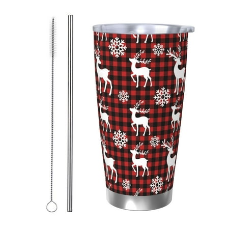 

Gukieu Plaid Reindeer Snowflakes Print 20OZ Car Cup Vacuum Stainless Steel Leak-proof Thermos Cup Unisex Suitable for Home Outdoor and Sports-Straw Two-piece Set