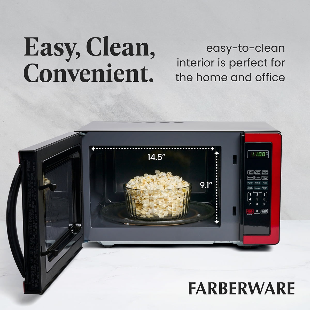 Farberware 1.1 cu ft Microwave Oven, 1000W Countertop Microwave Oven with LED Display, Red