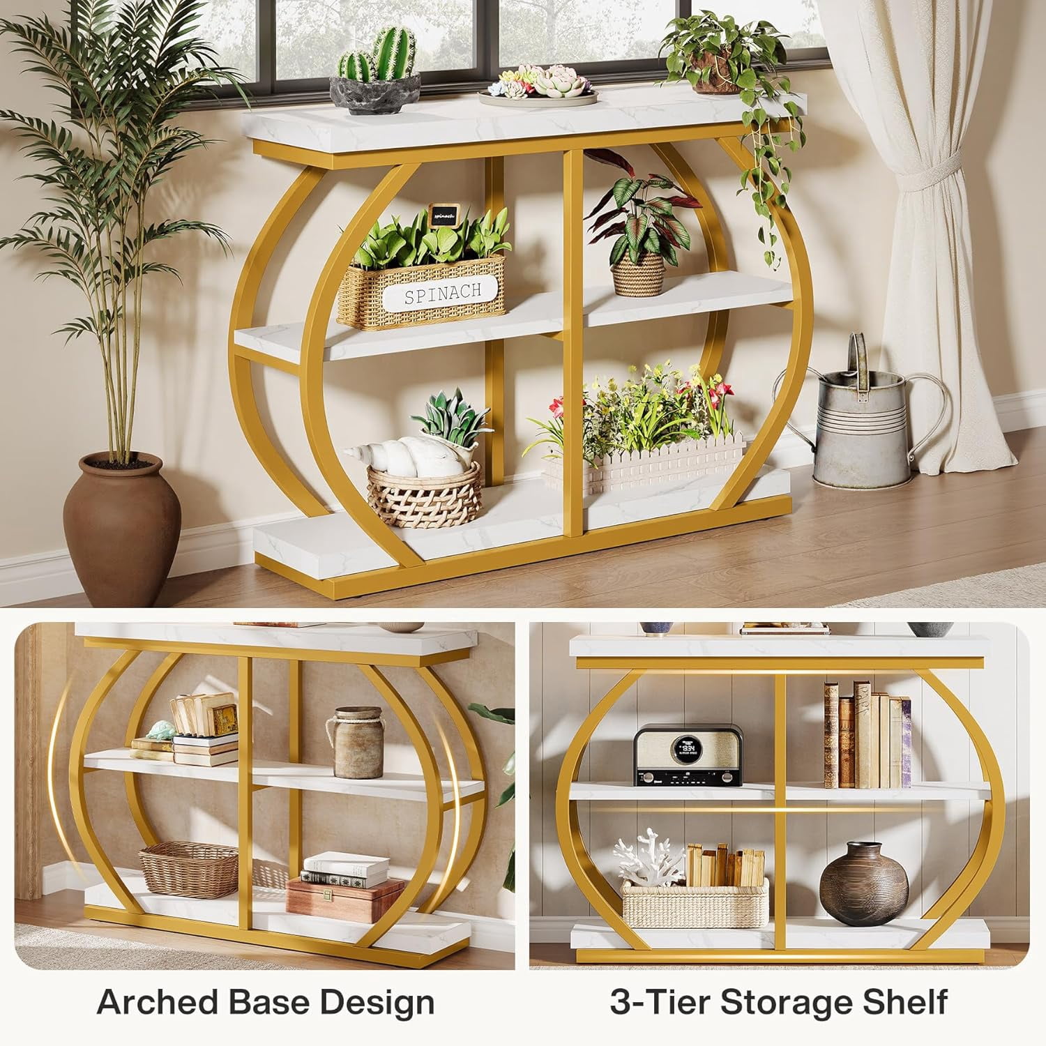 Tribesigns 41.3" Industrial Console Table: 3-Tier, Arched Metal Frame, Entryway Table with Storage Shelves, White & Gold