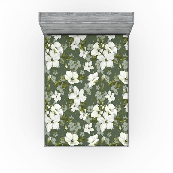 Ambesonne Apple Flowers Fitted Sheet, Bohemian Leafy Floral, California King, Off White Peacock Green