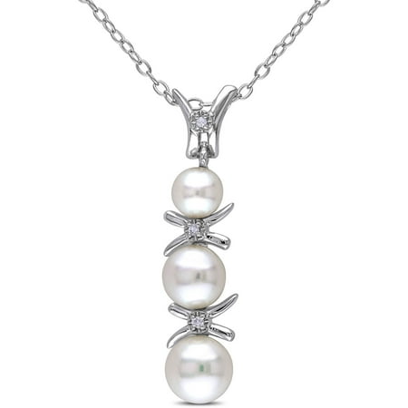 Miabella White Button Cultured Freshwater Pearl and Diamond Accent Sterling Silver Journey Pendant, 18