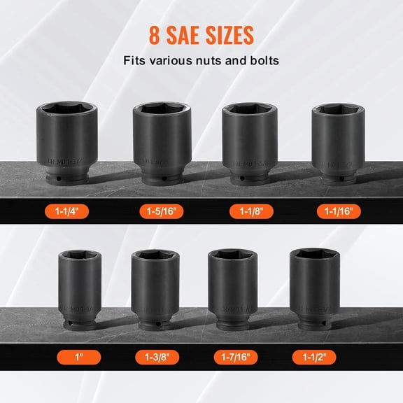 Heavy Duty Axle Nut Impact Socket Set 3/4" Drive Deep 6-Point SAE Spindle Sockets 8-Piece Kit for Professional Mechanics