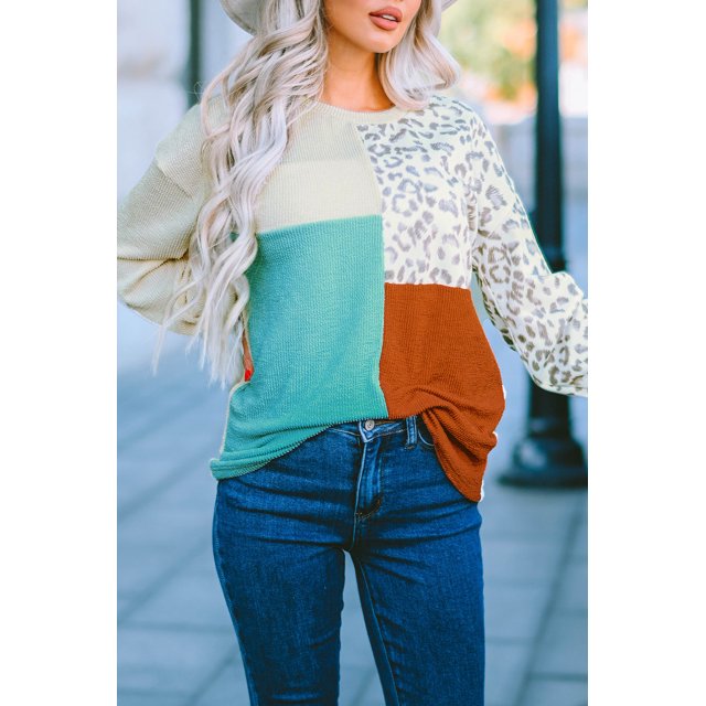 ABPHQTO Top de mujer de canalé con diseño de patchwork de leopardo y manga larga