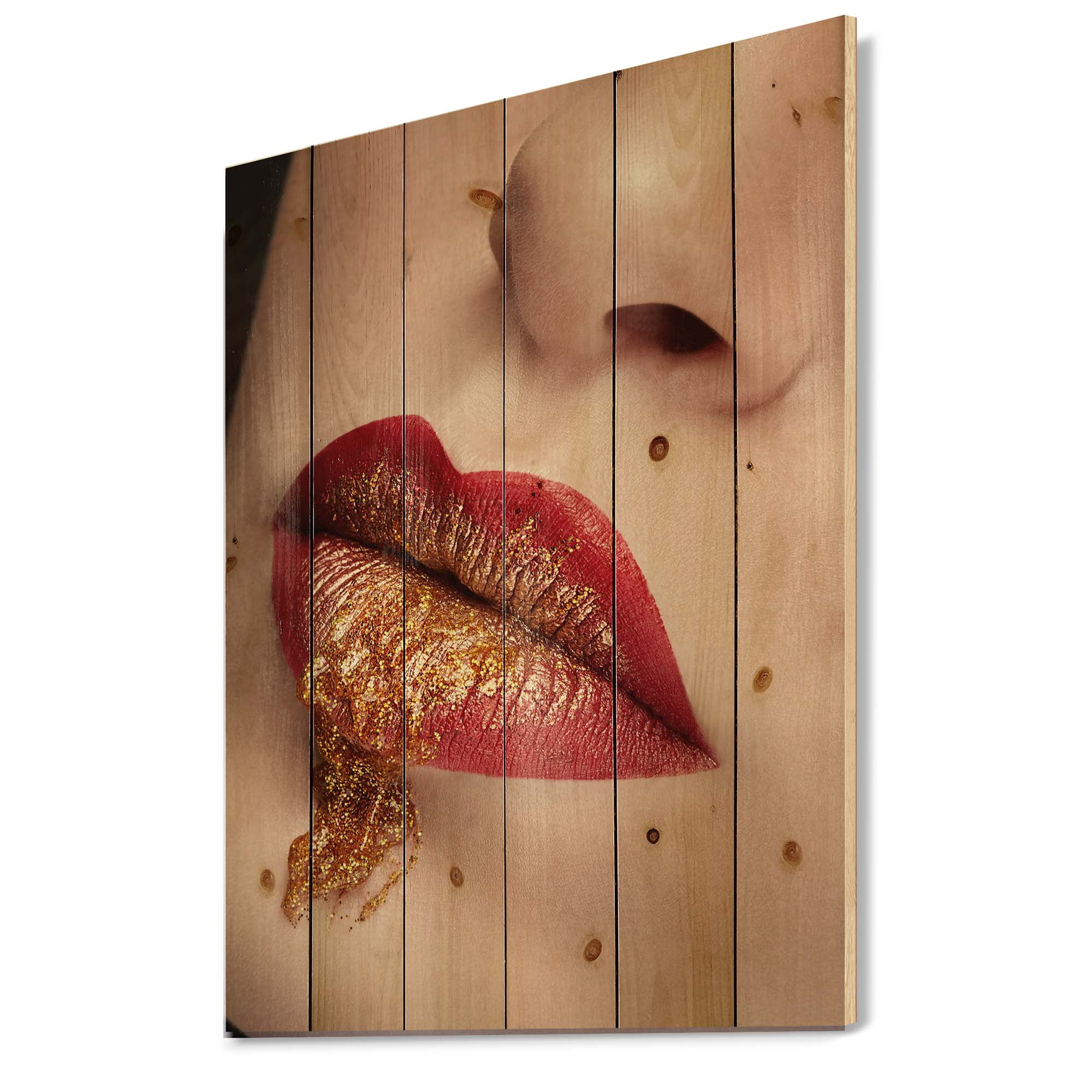 Designart 'Close Up Lips With Gold and Red Make Up' Modern Print on Natural Pine Wood