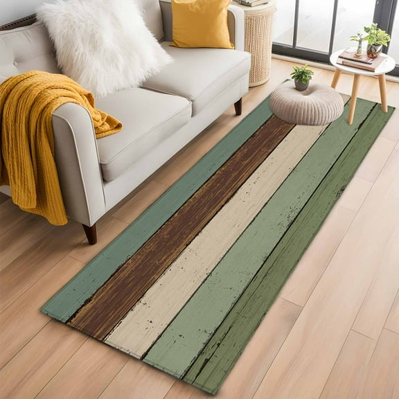 Green Brown Kitchen Runner Rug 2x6 Washable Runners for Hallway Non Slip Country Wood Grain Abstract Stripe Large Area Rug Indoor Floor Carpet for Bathroom Laundry Entryway Bedroom Living Room