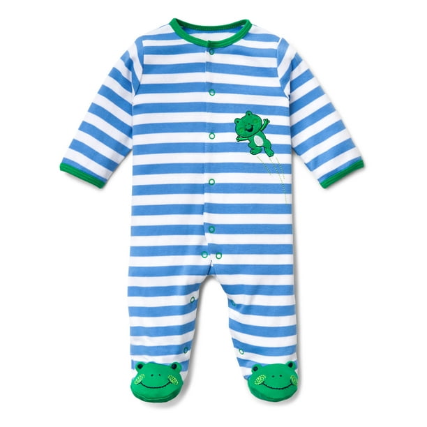 LTM Baby Leap Frog Striped Snap Front Footie Pajamas with Green Frog