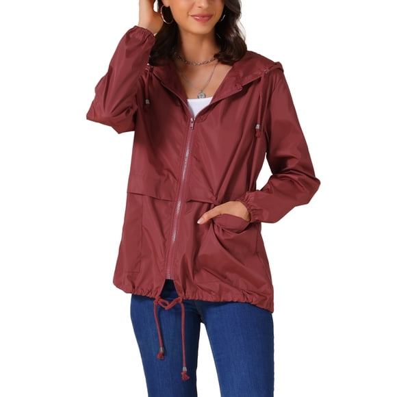 Inspire Chic Abrigos de Lluvia para Mujeres Impermeables con Capucha Chaquetas Ligeras de Lluvia Rompevientos Abrigo con Bolsillos para Exterior L Rojo Vino