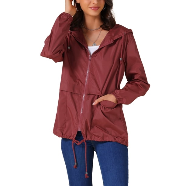 Inspire Chic Abrigos de Lluvia para Mujeres Impermeables con Capucha Chaquetas Ligeras de Lluvia Rompevientos Abrigo con Bolsillos para Exterior L Rojo Vino