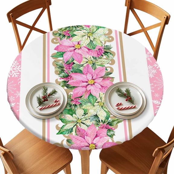Christmas Round Tablecloth Pink Green Poinsettia Tablecloths with Elastic Edge Fitted Berry Snowflake Table Cover,Waterproof Oil Proof for Dinner,Outdoor, Picnic, Party Fits 55"- 60" Diameter