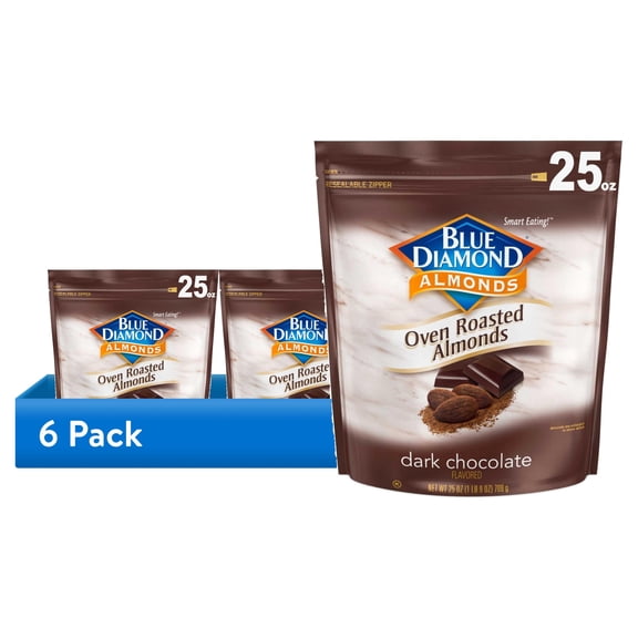 (6 pack) Blue Diamond Almonds Oven Roasted Dark Chocolate Flavored Almonds, 25 oz.