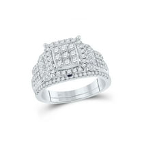 14kt White Gold Round Diamond Square Bridal Wedding Ring Band Set 1 Cttw