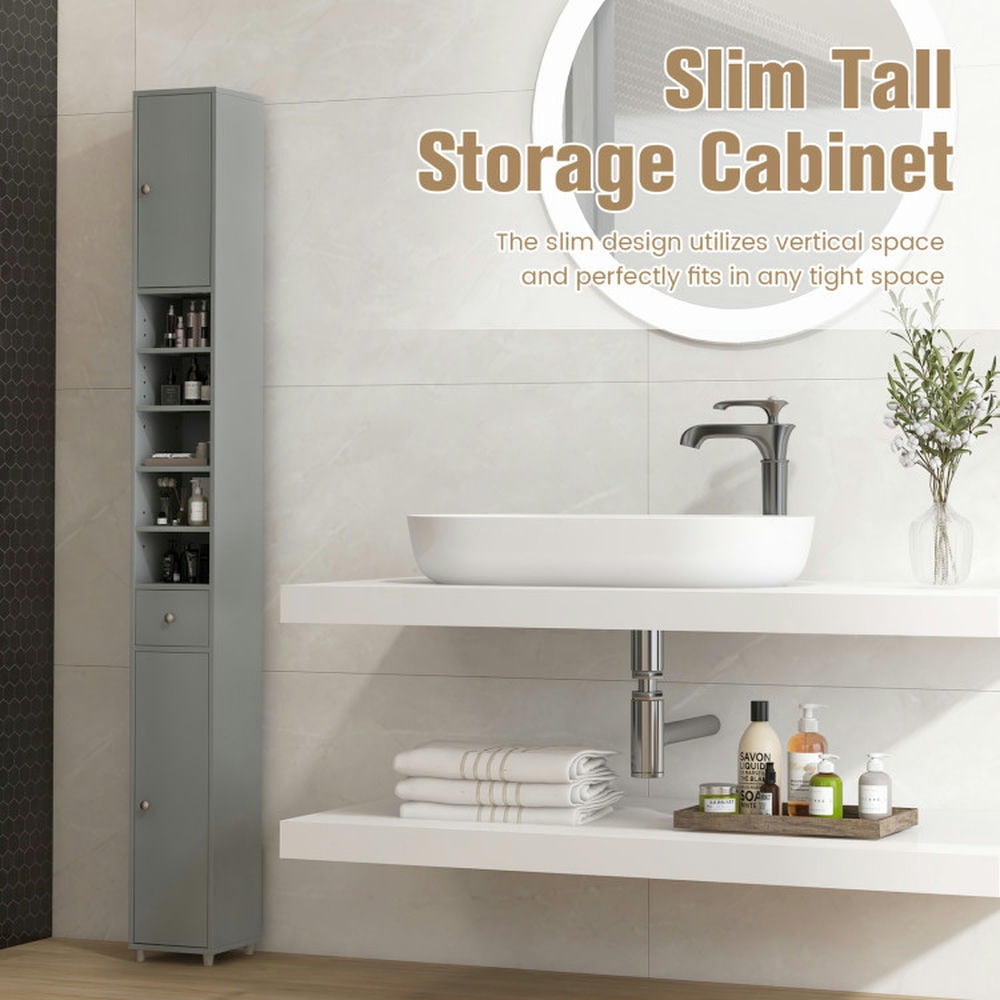 Finihen Bathroom Storage Cabinet, Bathroom Floor Cabinet, Freestanding Slim Bathroom Cabinet with Drawer and Adjustable Shelves, for Bathroom, Living Room, Bedroom, Kitchen, Gray