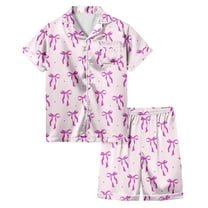 Kiijoy Girls Pajama Set Bow Print Short Sleeve Button Shirt Shorts Sleepwear, Sizes 10-11