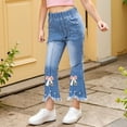 thumbnail image 2 of Little Girls Pearl Bow Embroidered Jeans Wide Leg Flare Denim Pants With Elastic Waist for Kids Size 5-6T, 2 of 7