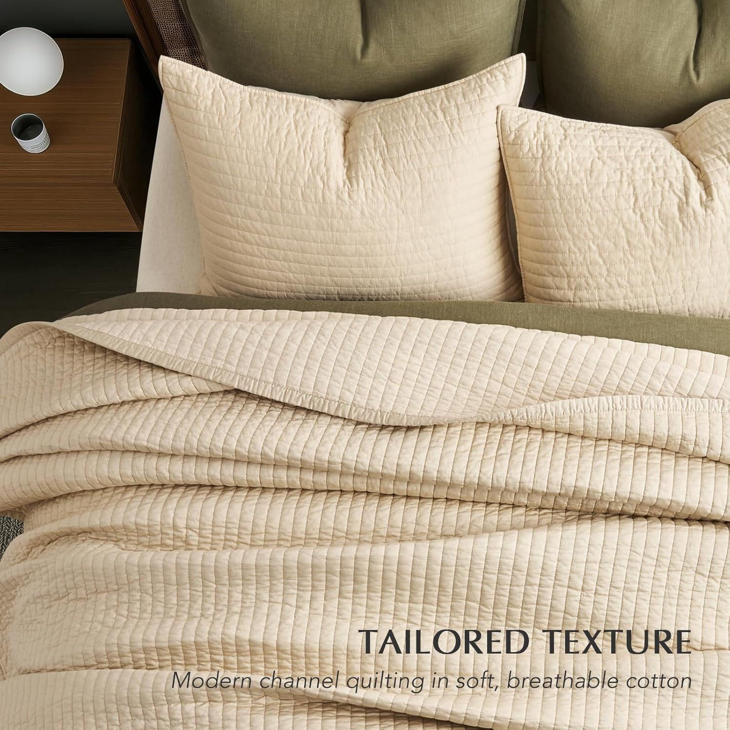 EVERGRACE Cotton Sateen Quilt Set Queen Size, Pre-Washed Cotton Channel Stitch Coverlet Bedspread, 3 Pieces Lightweight Soft Bedding Sets for All Season, with 2 Pillow Shams, Light Sand
