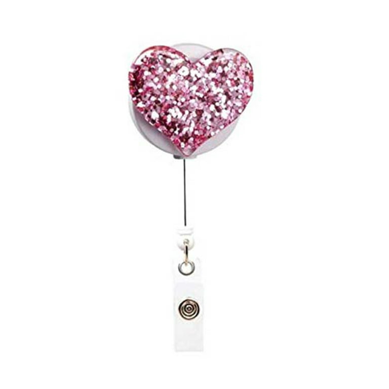 5 pack Glitter Bling Love Heart Retractable ID Badge Reel Holder Swivel Clip