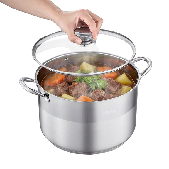 VEVOR Stainless Steel Stock Pot, 12-Quart Stainless Steel Stockpot with Glass Lid, PFOA-Free, PFAS-Free, Compatible with Gas Stoves, Induction Cooktops, Electric Stoves, for Soups, Stews, and Pasta