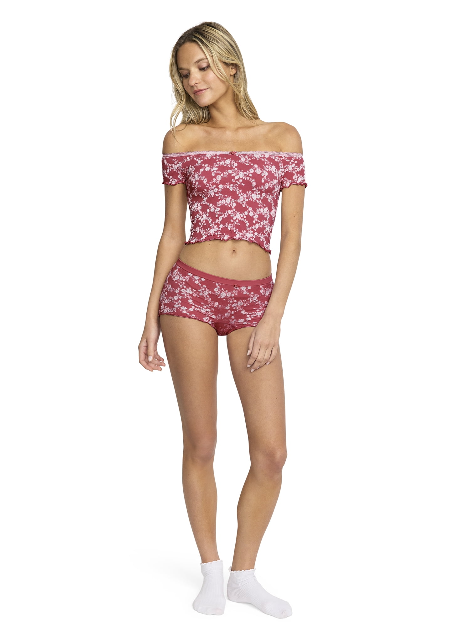 Mills by Millie Bobby Brown Women's Floral Seamless Off-Shoulder Crop Top, Sizes XS-XXXL