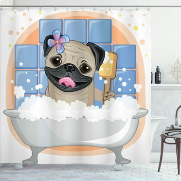 Ambesonne Pug Shower Curtain, Dog Bath Caricature Funny, 69"Wx70"L, Pale Brown Pale Blue