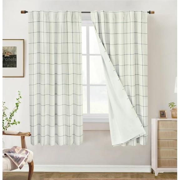 DriftAway 2 Panels 100% Blackout Windowpane Plaid Linen Curtains Double Layer Drapes for Bedroom Farmhouse Thermal Insulated 3.25 Inch Rod Pocket Back Tab for Living Room