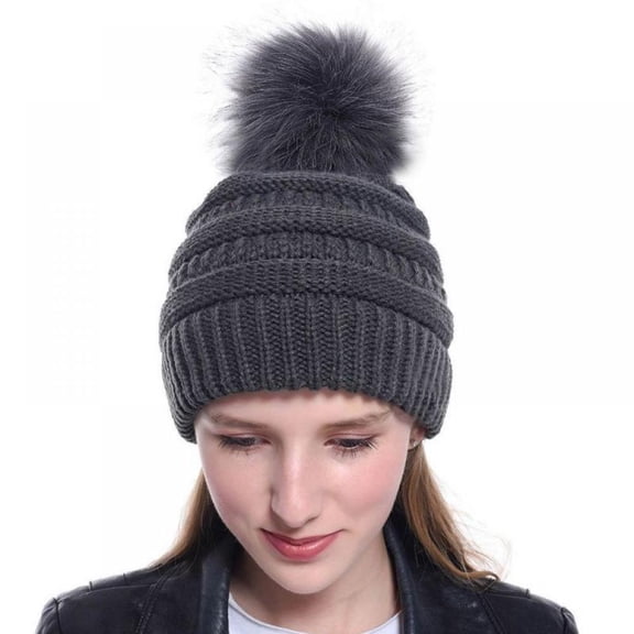 ZOELNIC Womens Winter Knitted Beanie Hat with Faux Fur Pom Warm Knit Skull Cap Beanie for Women, Gray