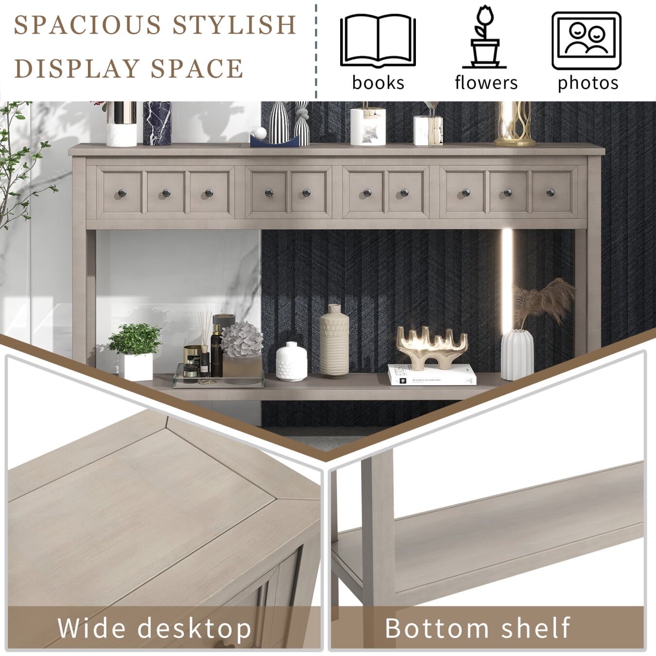 Console Table, Console Tables for Entryway with 4 Drawers and Open Storage Shelf, 60" Long Sofa Table in Solid Wood, Narrow Console Table for Living Room, Couch, Hallway, Foyer, Kitchen Counter, Grey