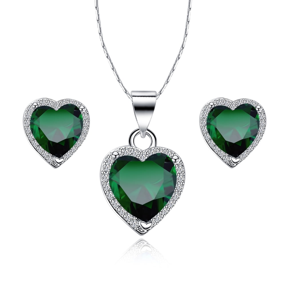 Paris Jewelry 18k White Gold Plated Heart 3 Carat Created Emerald Full Set Necklace 18 inch
