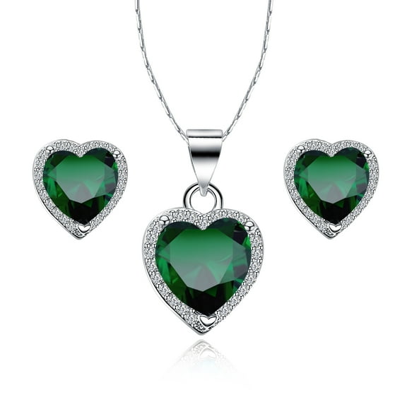 Paris Jewelry 18k White Gold Heart 4 Ct Created Emerald Full Set Necklace 18 inch Plated