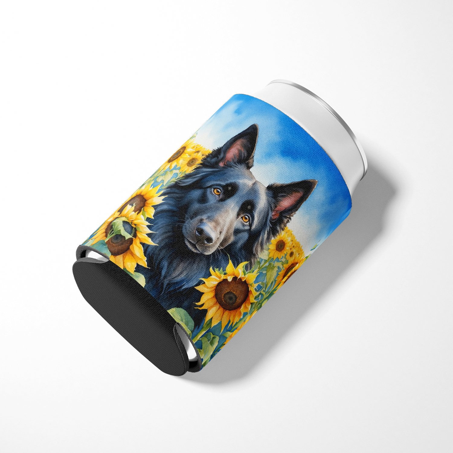 Belgian Sheepdog in Sunflowers Can or Bottle Hugger 3 in x 5 in