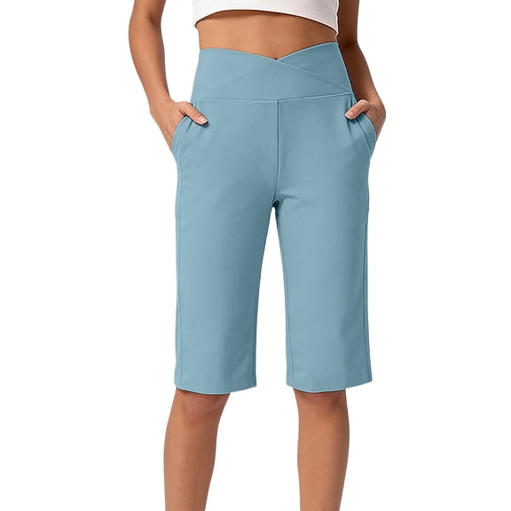 Women's Bermuda Shorts Knee Length Cross High Waisted Stretchy Shorts with Pockets Athletic Casual Summer Sky Blue L