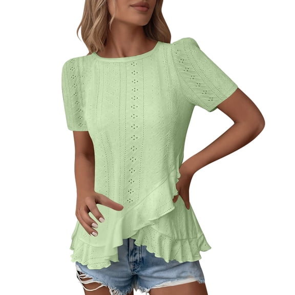 XPMWRP Women's Eyelet Jacquard Ruffle Hem T-Shirt Short Sleeve Asymmetrical Hem Casual Top Loose Fit Summer Blouse for Daily Wear Mint Green M
