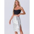 thumbnail image 3 of MODA NOVA Junior's Glitter Sequin Skirt Side Slit High Waist Party Club Midi Pencil Skirt Silver XS, 3 of 5