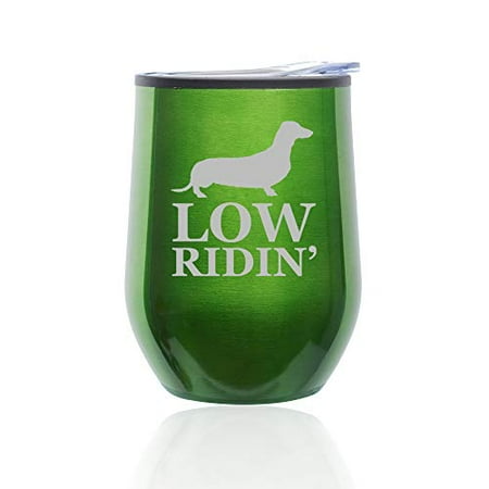 

Stemless Wine Tumbler Coffee Travel Mug Glass With Lid Low Ridin Dachshund (Green)